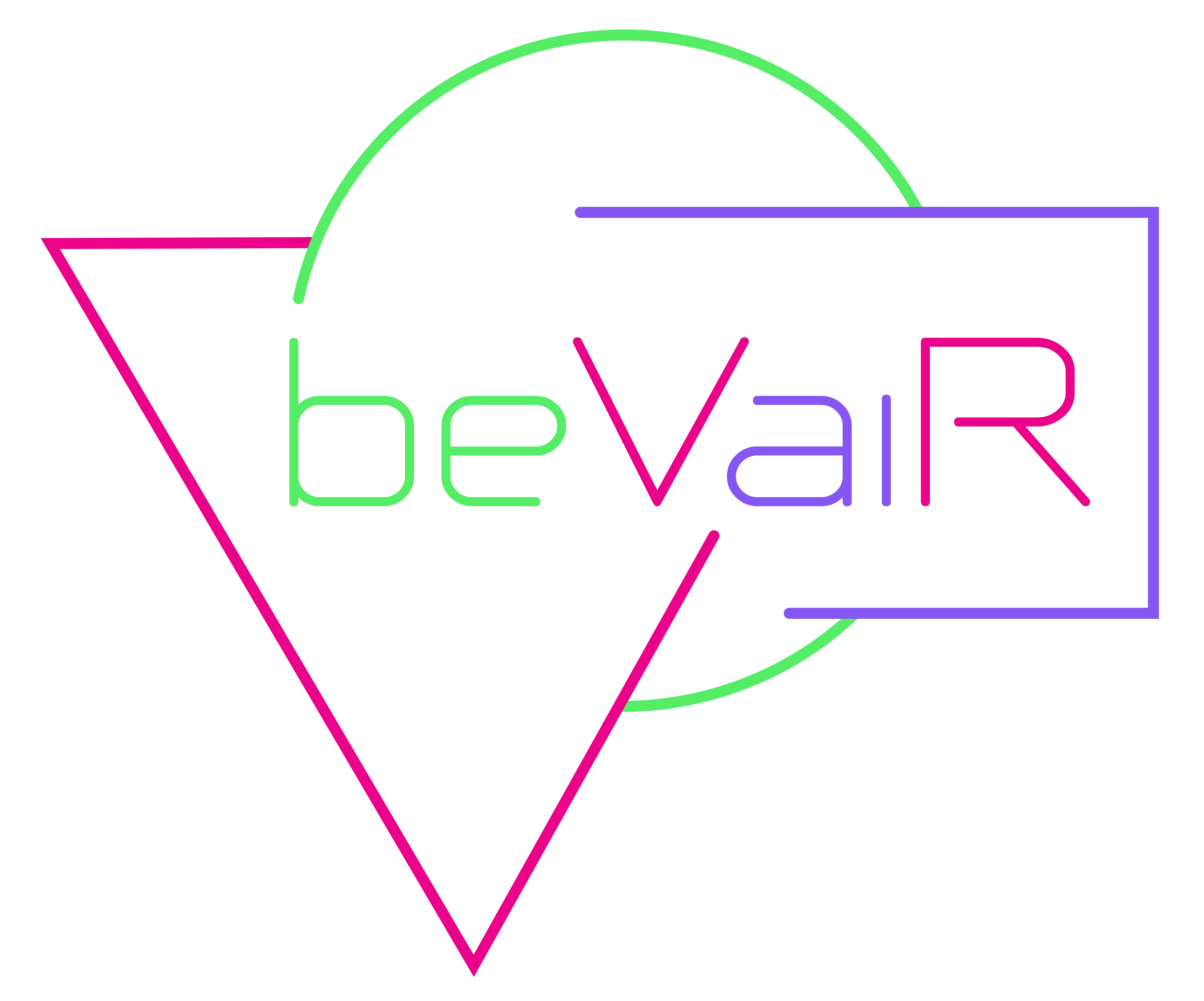 beVaiR logo. Composed shape which consists of a pink triangle, a green circle and a violett rectangle with the name beVaiR in the middle.